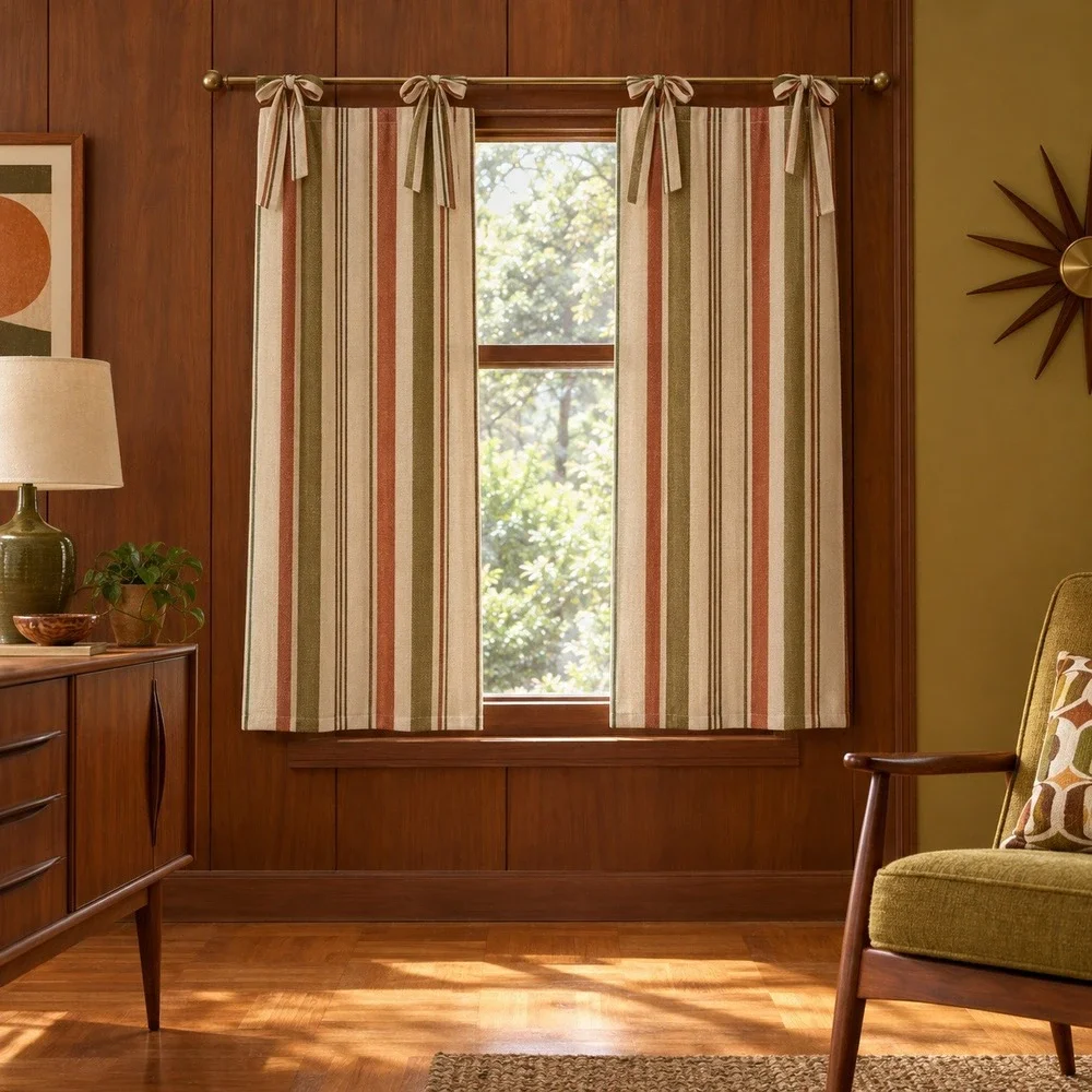 Waverly Retro Boho Beige Green Striped Rod Pocket Tie Top Curtain Panel 2-45x63
